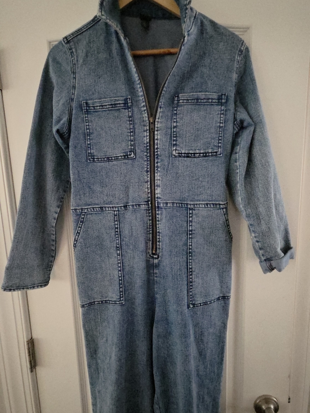 Wild Fable Blue Acid Wash Denim Zip-Front Long Sleeve Utility Jumpsuit XS
